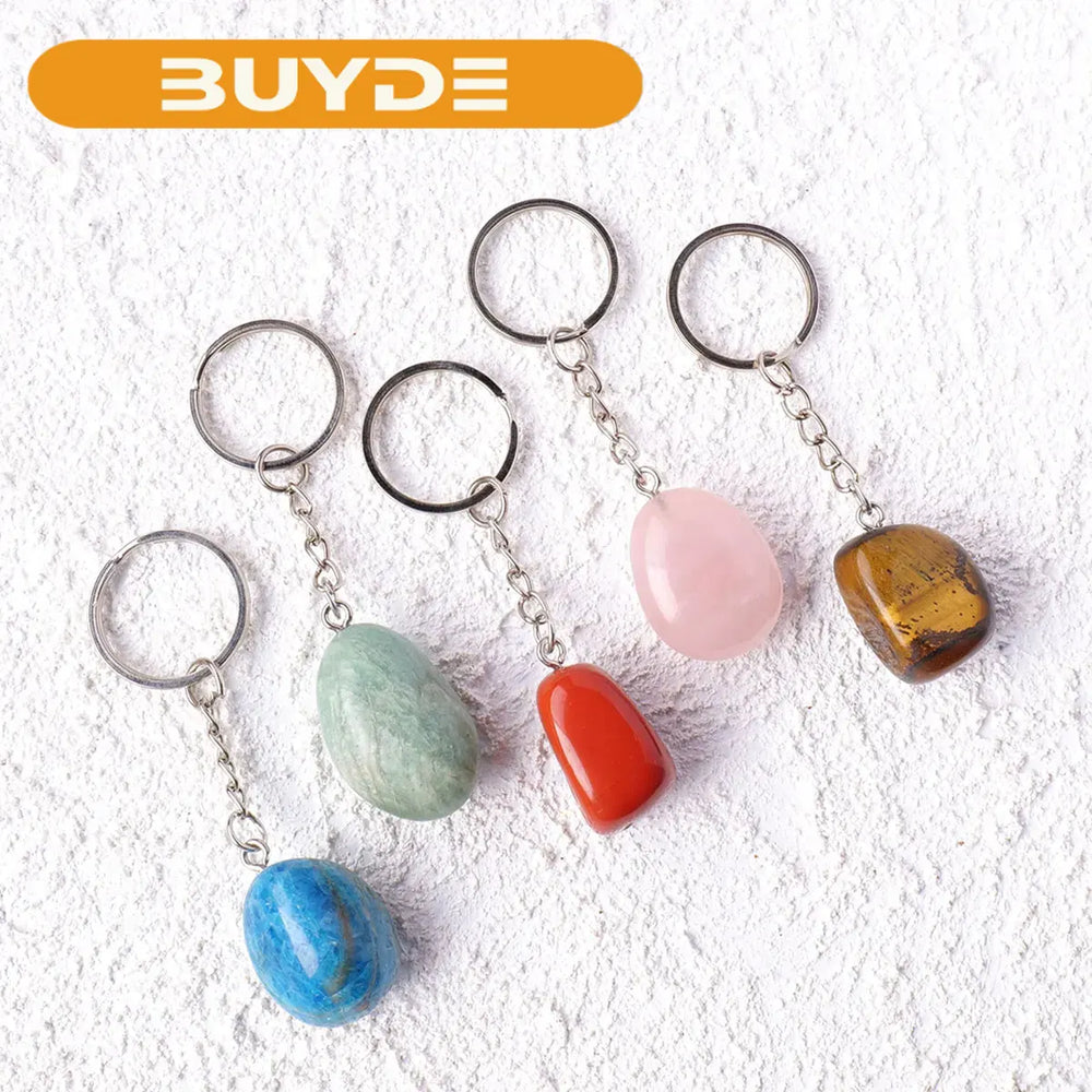 1PC Natural Gem Stone Keychains Clear Quartz Rolling Stones Amethyst Key Chain For DIY Car Key Rings Chains