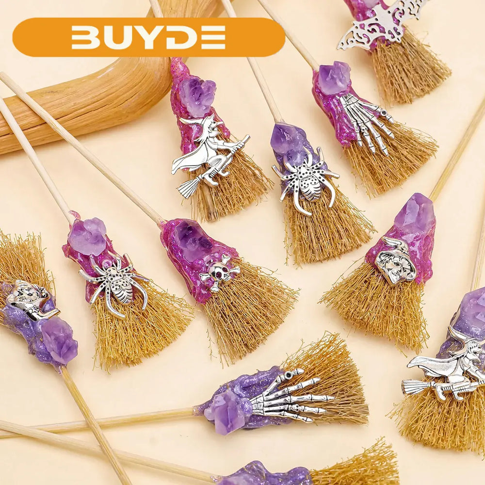 1PC Natural Crystal Amethyst Crystal Tooth Flower Gem Magic Mini Broom Quartz Witch Broom Reiki Gemstone For Cleansing Healing