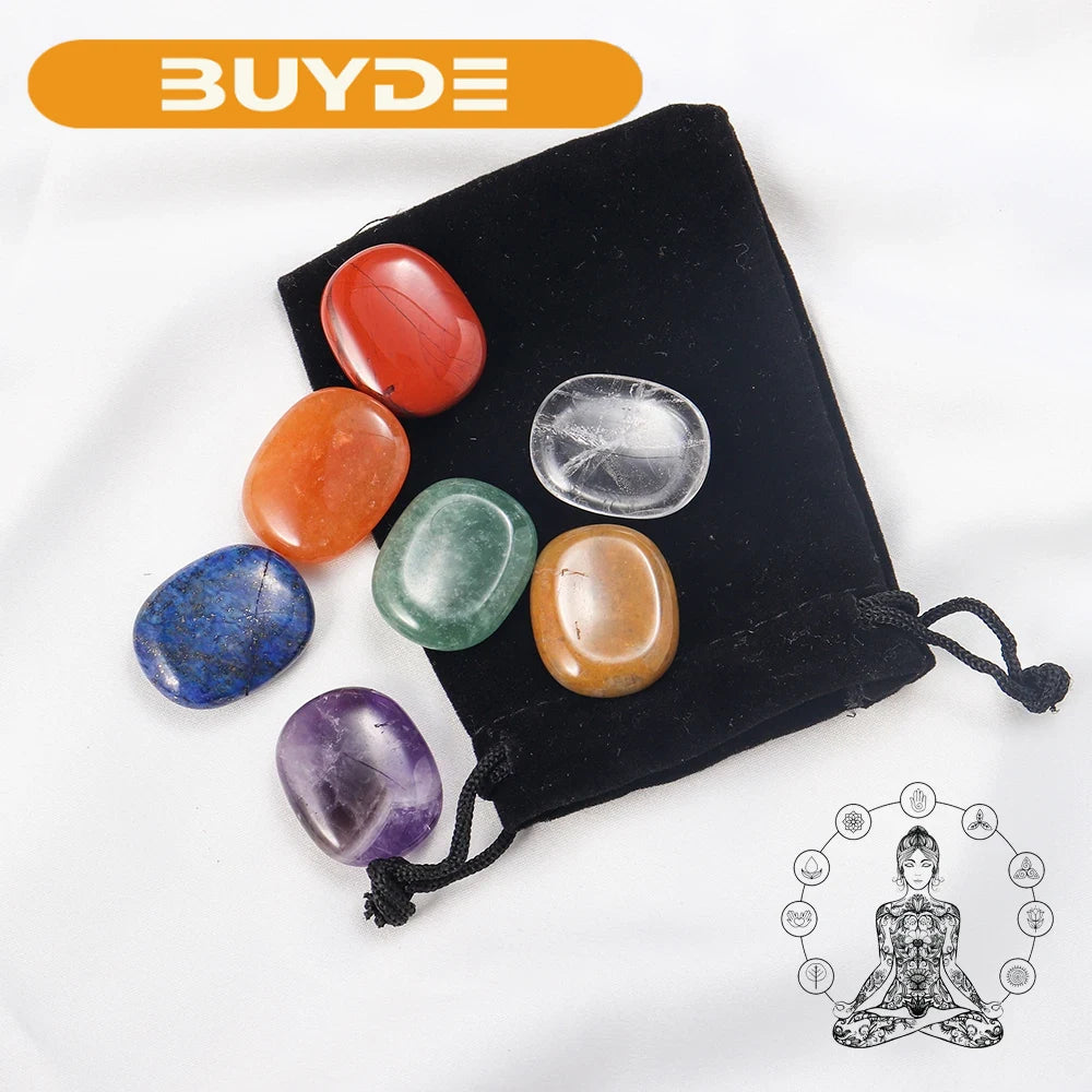 1set Natural Oval Worry Stone Seven Chakra Thumb Crystal Set Amethyst Rose Quartz Palm Gemstone For Anxiety Stress Relieve