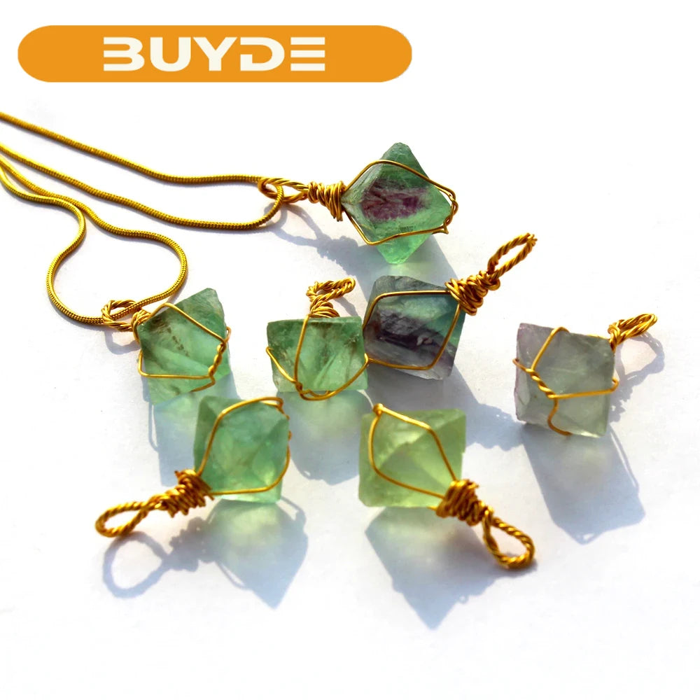 1pc Natural Healing Stone Green Fluorite Octahedral Pendant Handmade Gold Winding Necklace Energy Crystal Jewelry