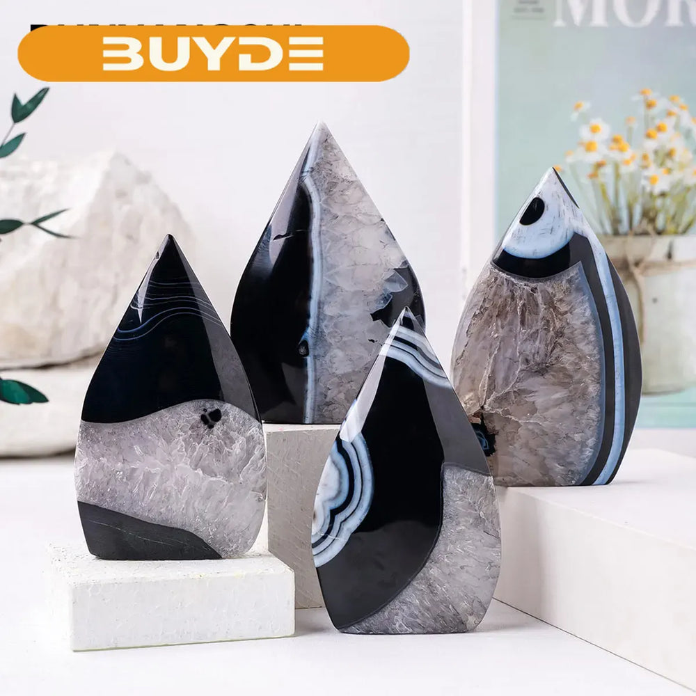 1pc Natural Stone Sculpture Black Agate Flame Shape Crafts  Crystal Carving Energy Gem Home Ornament