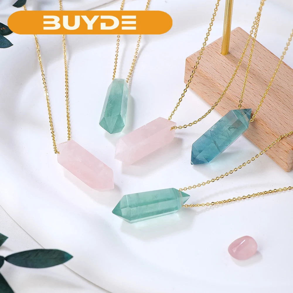 1PC Natural Rose Quartz Fluorite Crystal Double Point Pendant Healing Crystals Necklaces