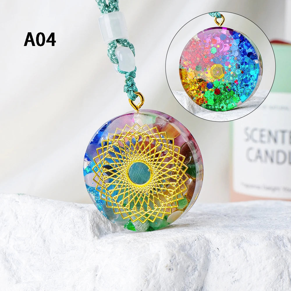 7 Chakra Natural Healing Crystal Stone Ogen Pendant Necklace Adjustable Resin Necklace Shield Jewelry for Women Men