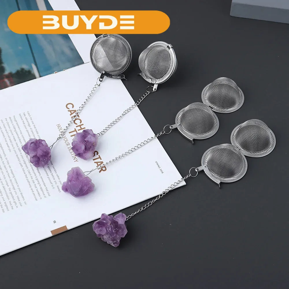 Natural Crystal Amethyst tooth flower Tea filter accessories decoration 304 stainless steel tea making tools gifts