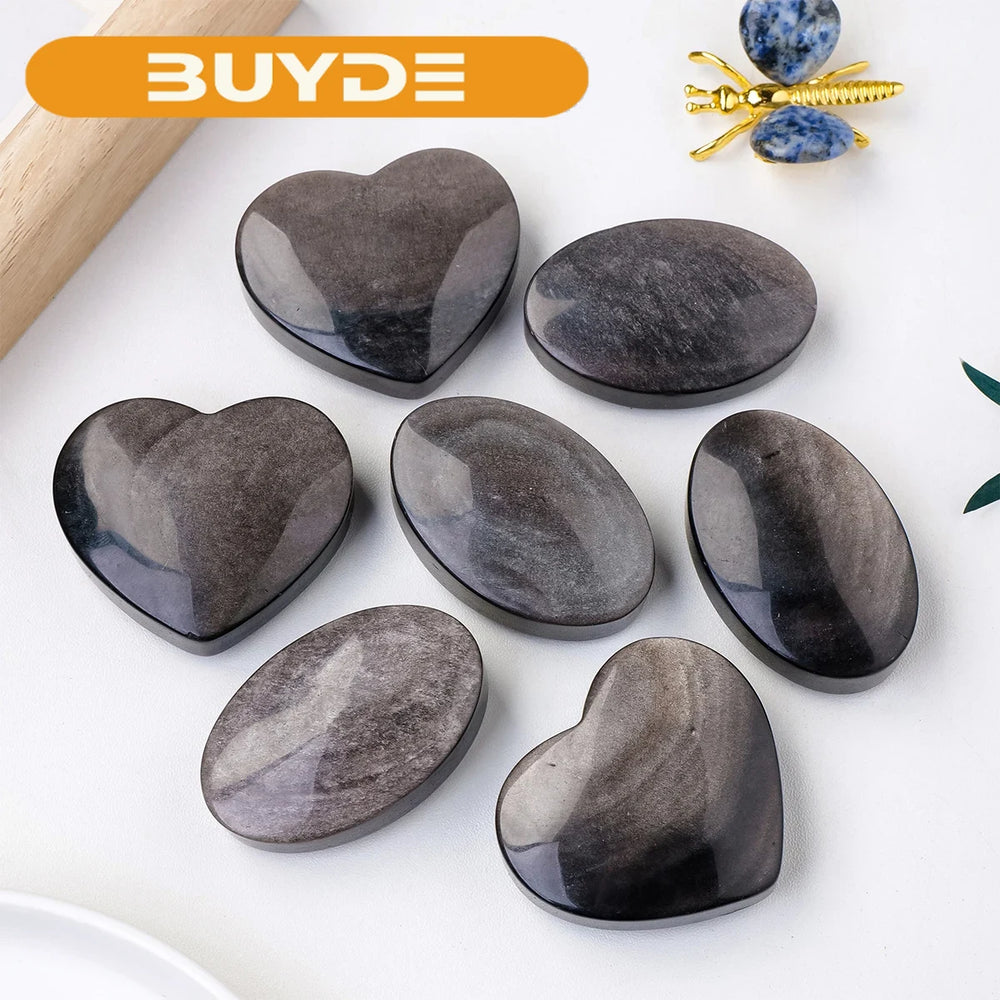 1PC Natural Crystal Silver Obsidian Heart Worry Pocket Palm Stone Healing Energy Gemstone Therapy Geometry Chakra Balancing