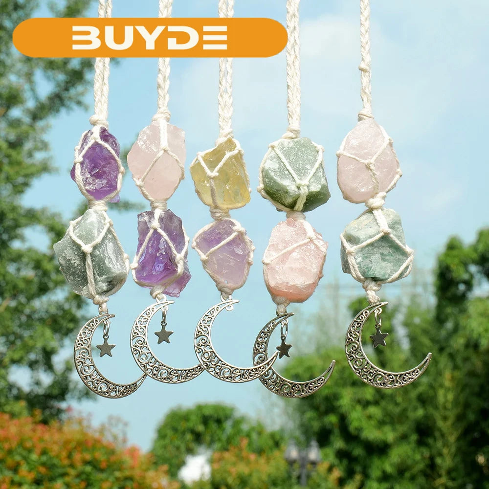 Natural Raw Stone Crystal Chakra Pendant Rose Quartz Amethyst Net Bag  Home Wall Hanging Decor & Car Pendant Ornament Gift