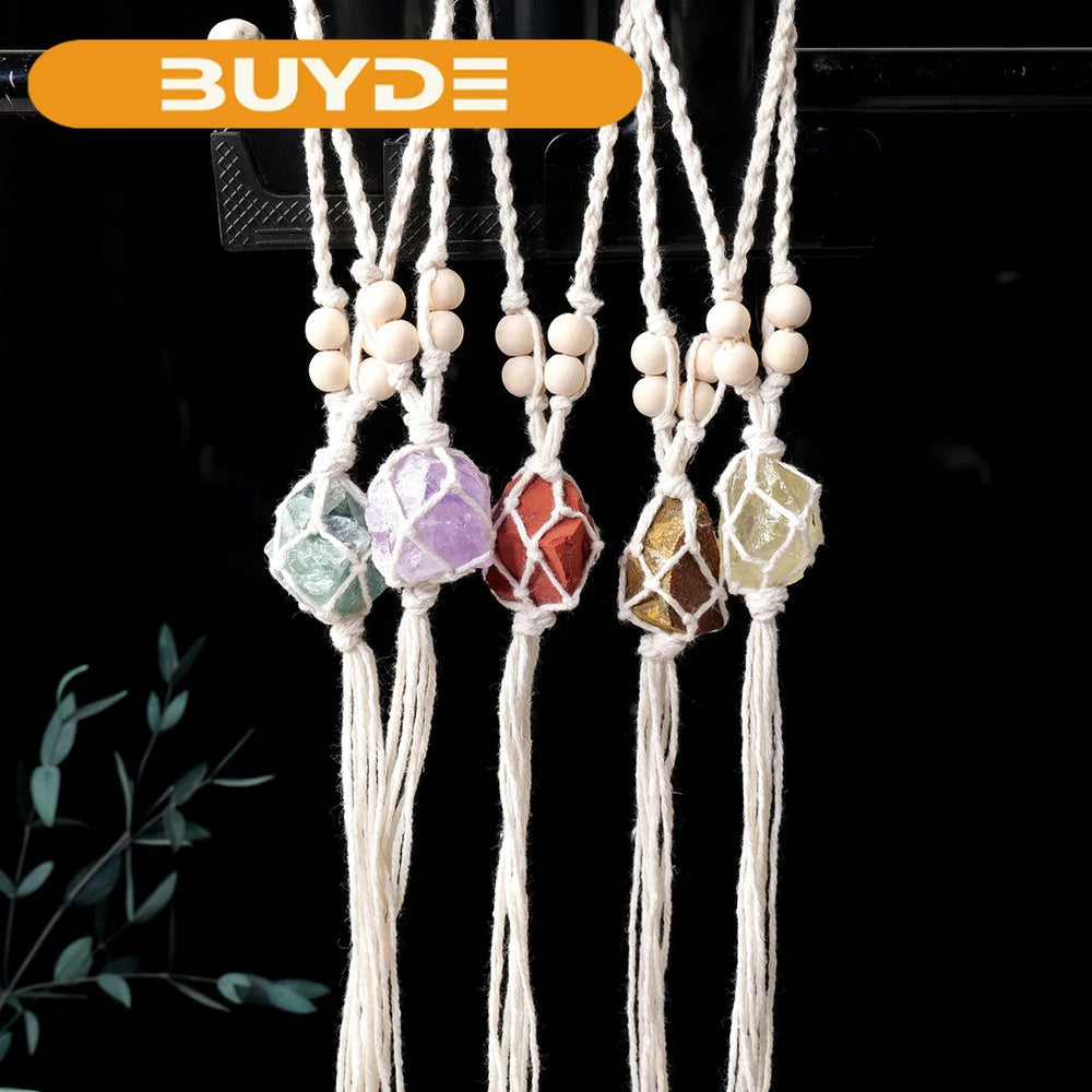 1PC Natural Crystal Raw Gemstone Hand Knitting Car Hanging Energy Harvesting Jewelry Vintage Car Decor Hanging Home Accessories