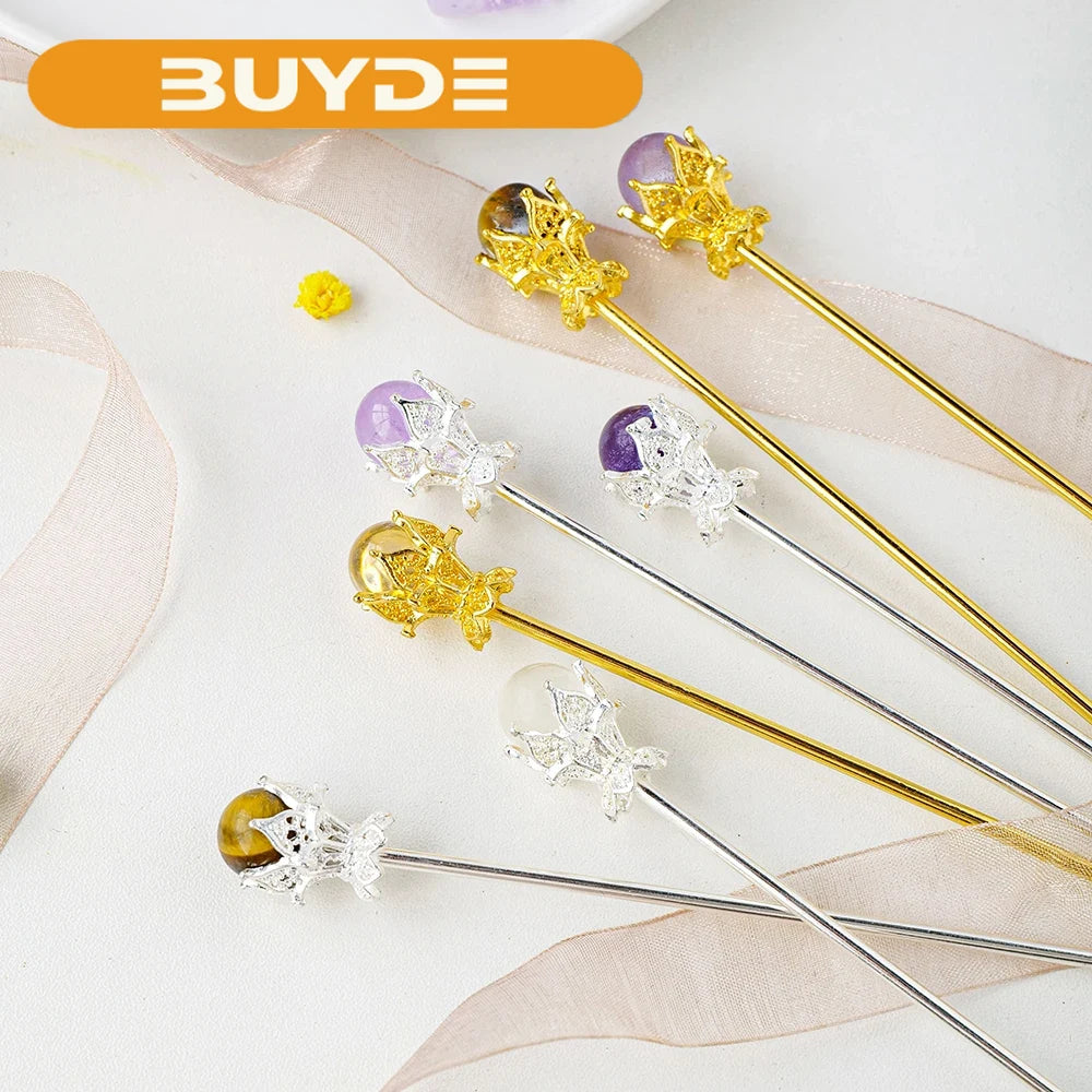 Natural Amethyst Sphere Crystal Ball Hairpin Chinese style Hair Clip Headwear Accessories for Women Girls Retro Jewelry Gift