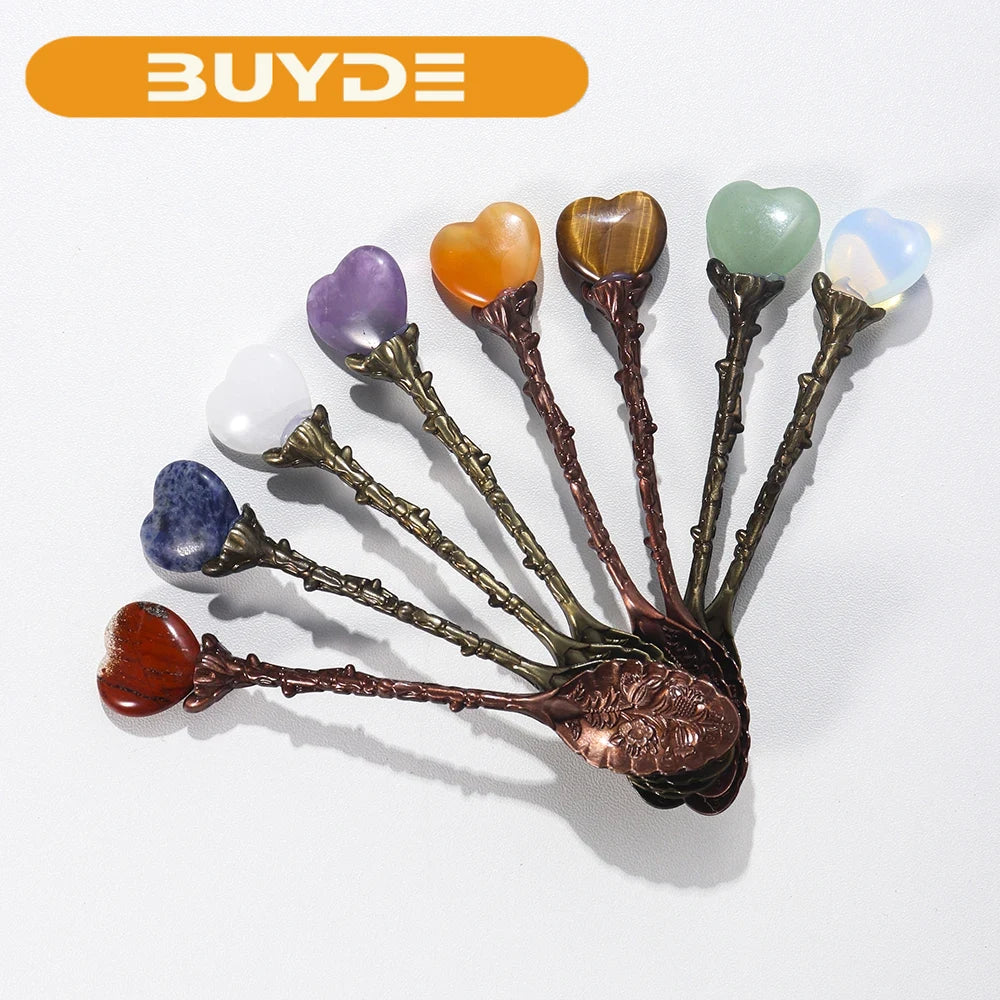 Buyde 1pc Carved Coffee Teaspoon Natural Crystal Heart-shaped Energy Spoon Healthy Quartz Decoration