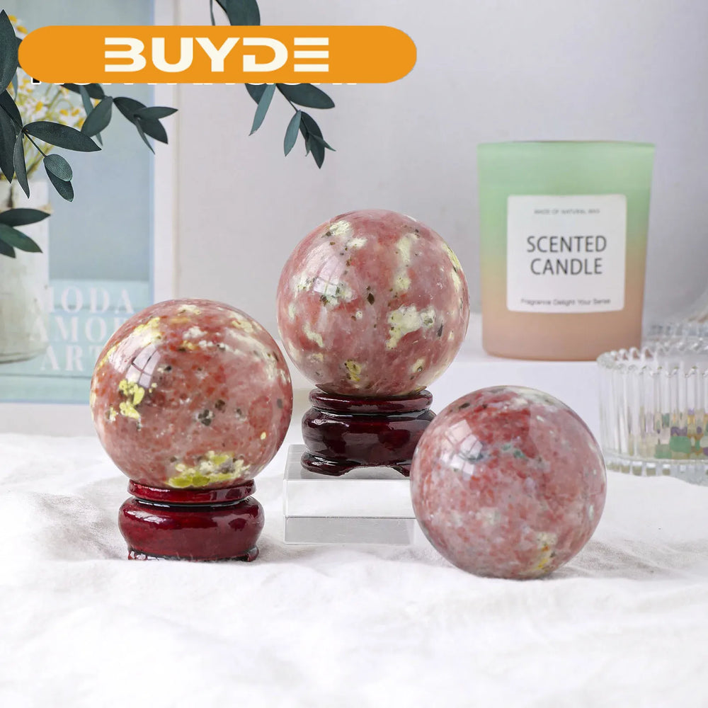 Natural Peach Blossom Stone Tourmaline Crystal Ball Magic Divination Gemstone Sphere Energy Healing Chakra Quartz Decoration