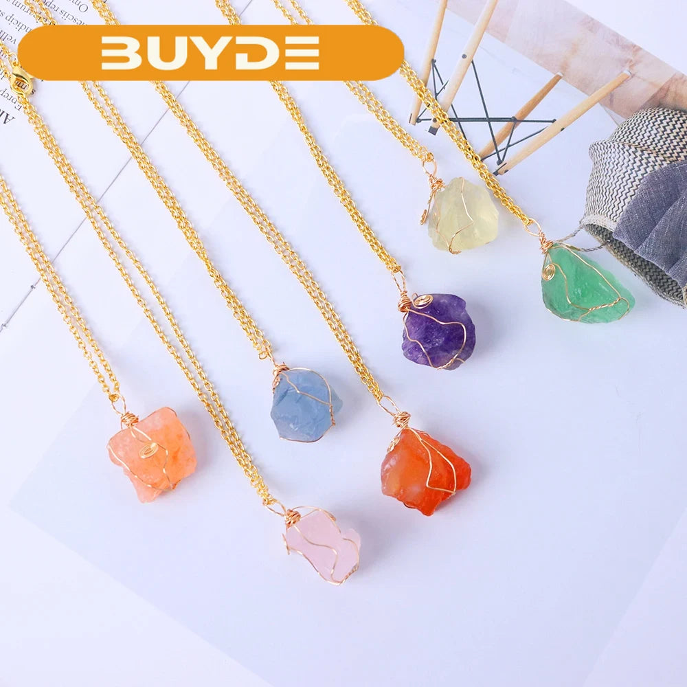 1pc Energy Quartz Raw Stone Pendant Natural Crystal Gold Silk Thread Necklace Health Gem Jewelry Summer Gift