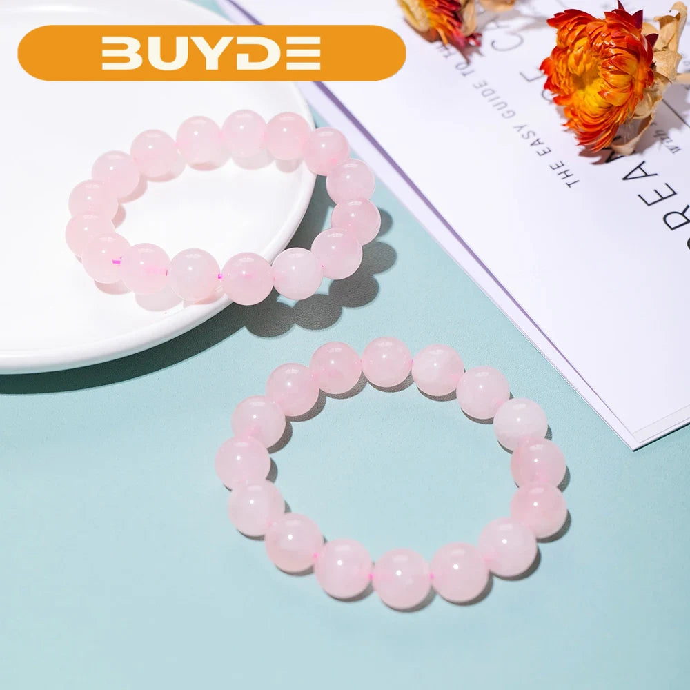 1pc Natural Rose Quartz Bracelet Improves Love Pink Crystal Round Bead Bracelet Energy Gem Girl Gift