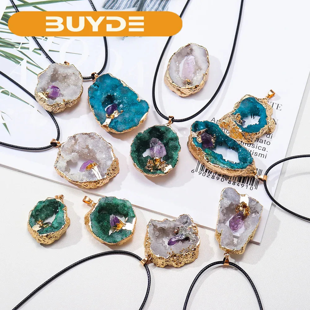 Colored crystal cluster agate cave Crystal cluster Amethyst Pendant Natural crystal energy gem jewelry Women's Necklace