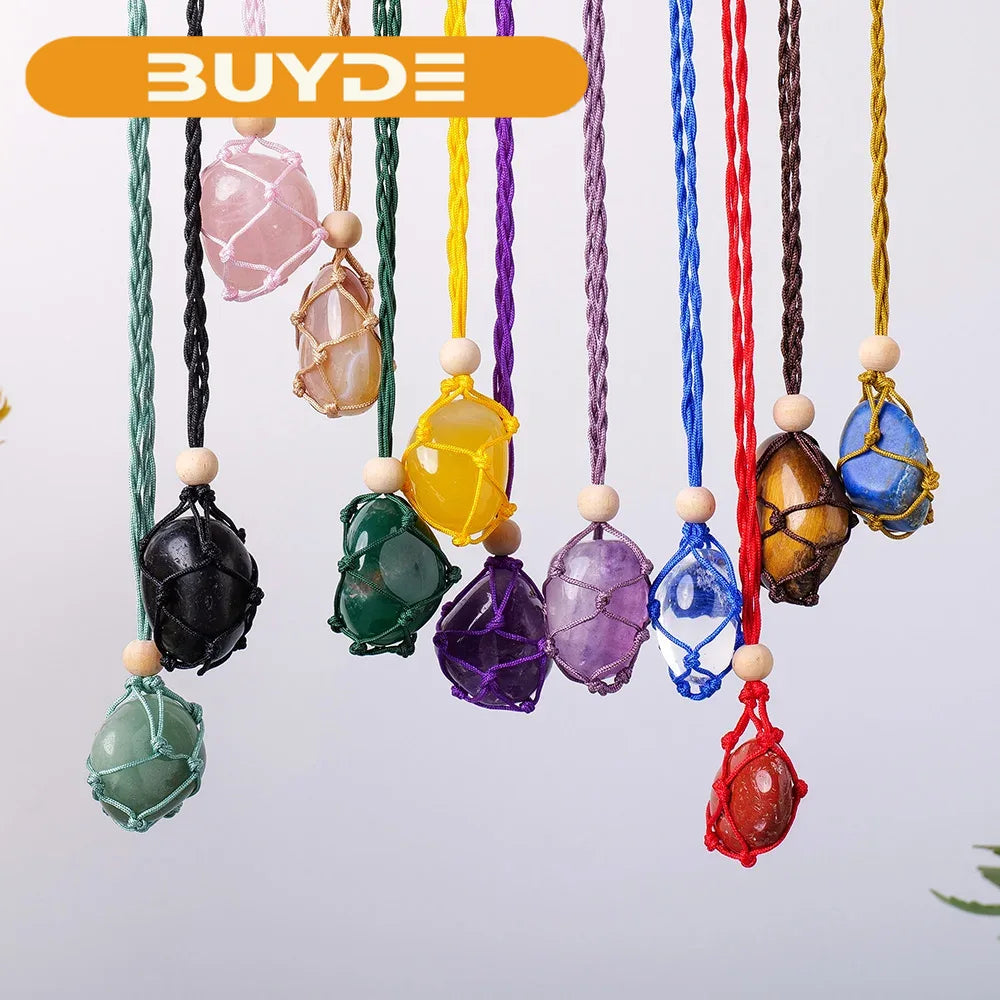 Natural Colourful Gemstone Polished Tumble Stone Amethyst Net Bag Crystal Pendant Healing Quartz Necklace For Woman Gifts