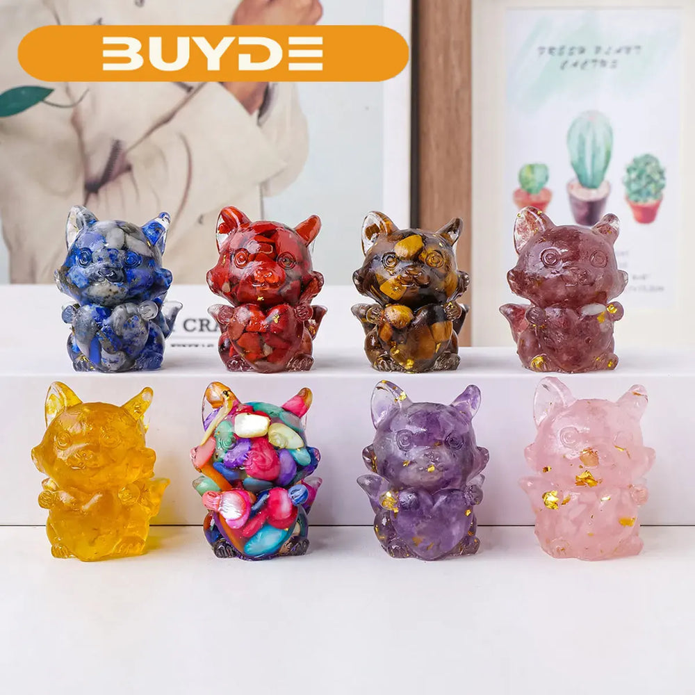 1PC Natural Crystal Gravel Heart  Jiuwei Fox Statue Dropper Resin Reiki Stone Divination Fengshui Sculpture Room Home Decoration