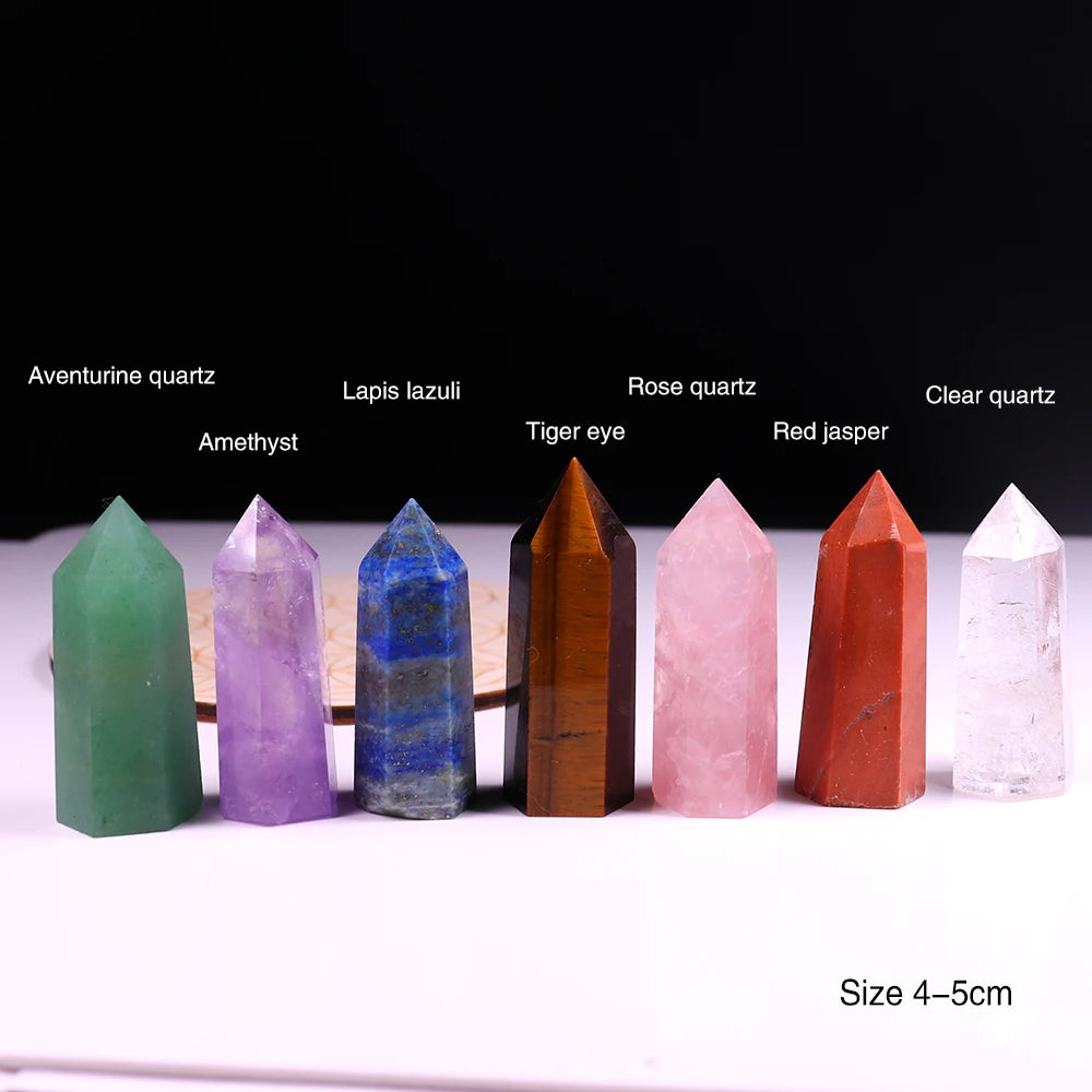 7pcs Natural crystal point stone seven Chakra magic wand Healing Stone with Wood base Mineral specimen collection gift box