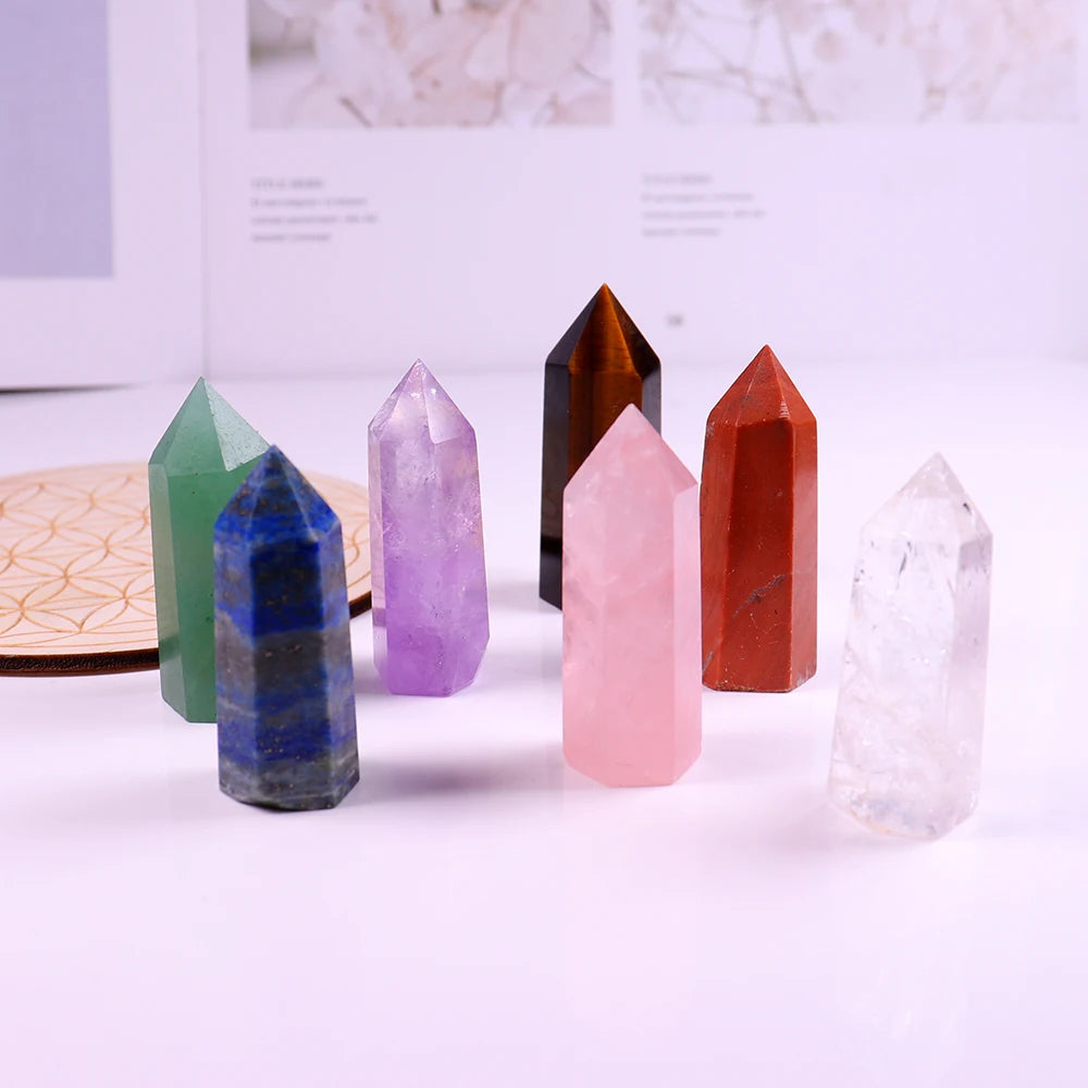 7pcs Natural crystal point stone seven Chakra magic wand Healing Stone with Wood base Mineral specimen collection gift box