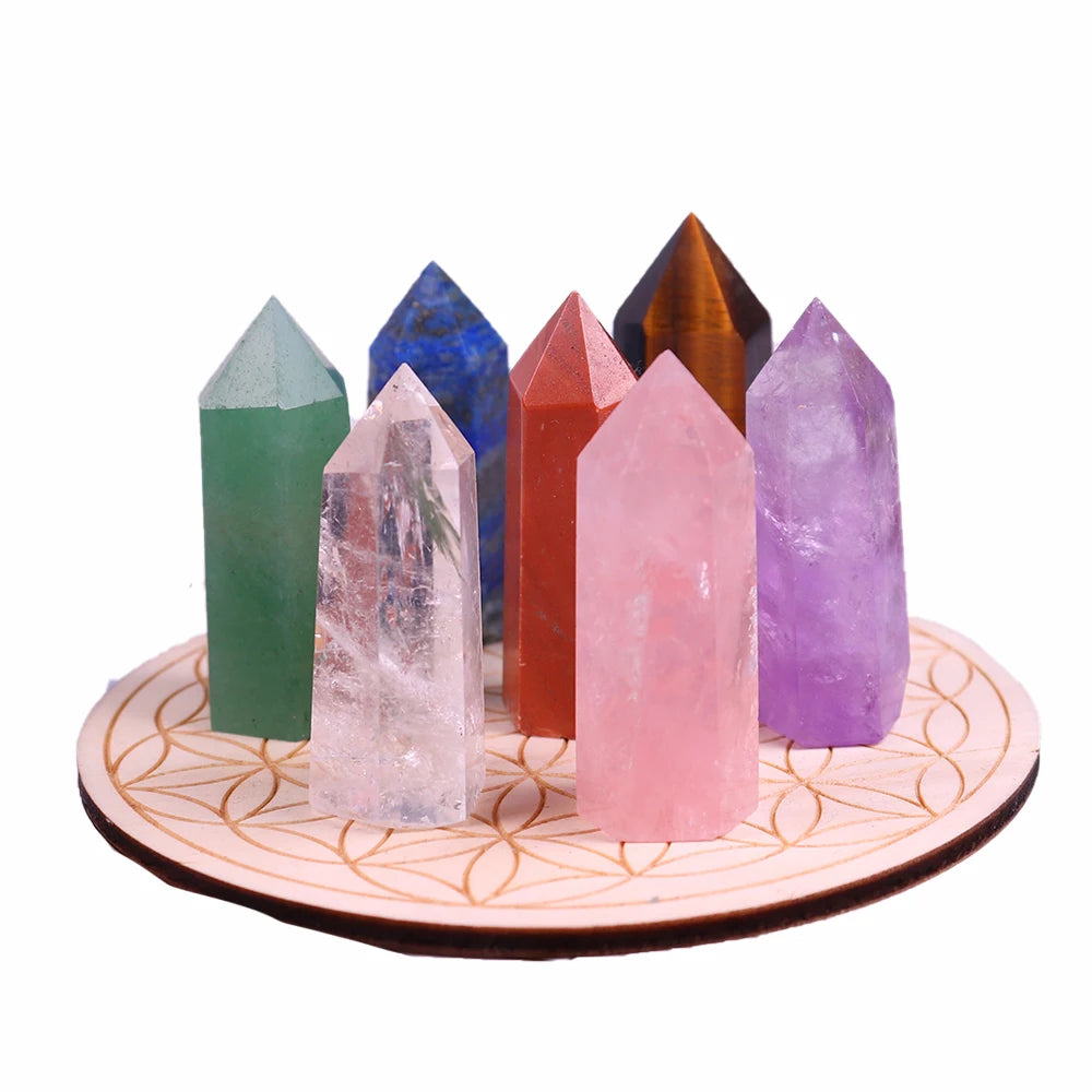 7pcs Natural crystal point stone seven Chakra magic wand Healing Stone with Wood base Mineral specimen collection gift box