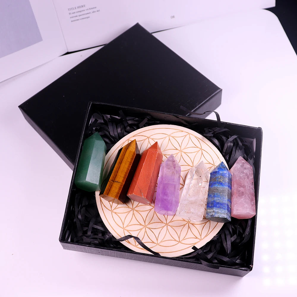 7pcs Natural crystal point stone seven Chakra magic wand Healing Stone with Wood base Mineral specimen collection gift box