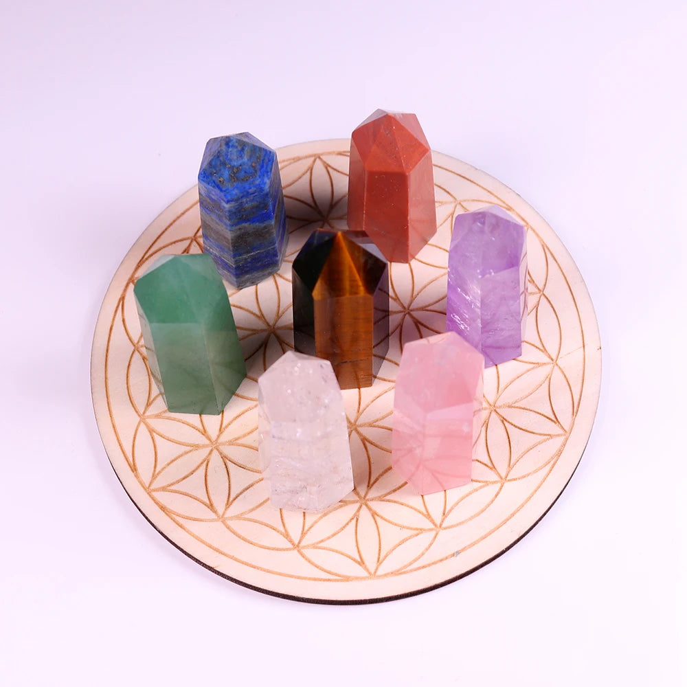 7pcs Natural crystal point stone seven Chakra magic wand Healing Stone with Wood base Mineral specimen collection gift box