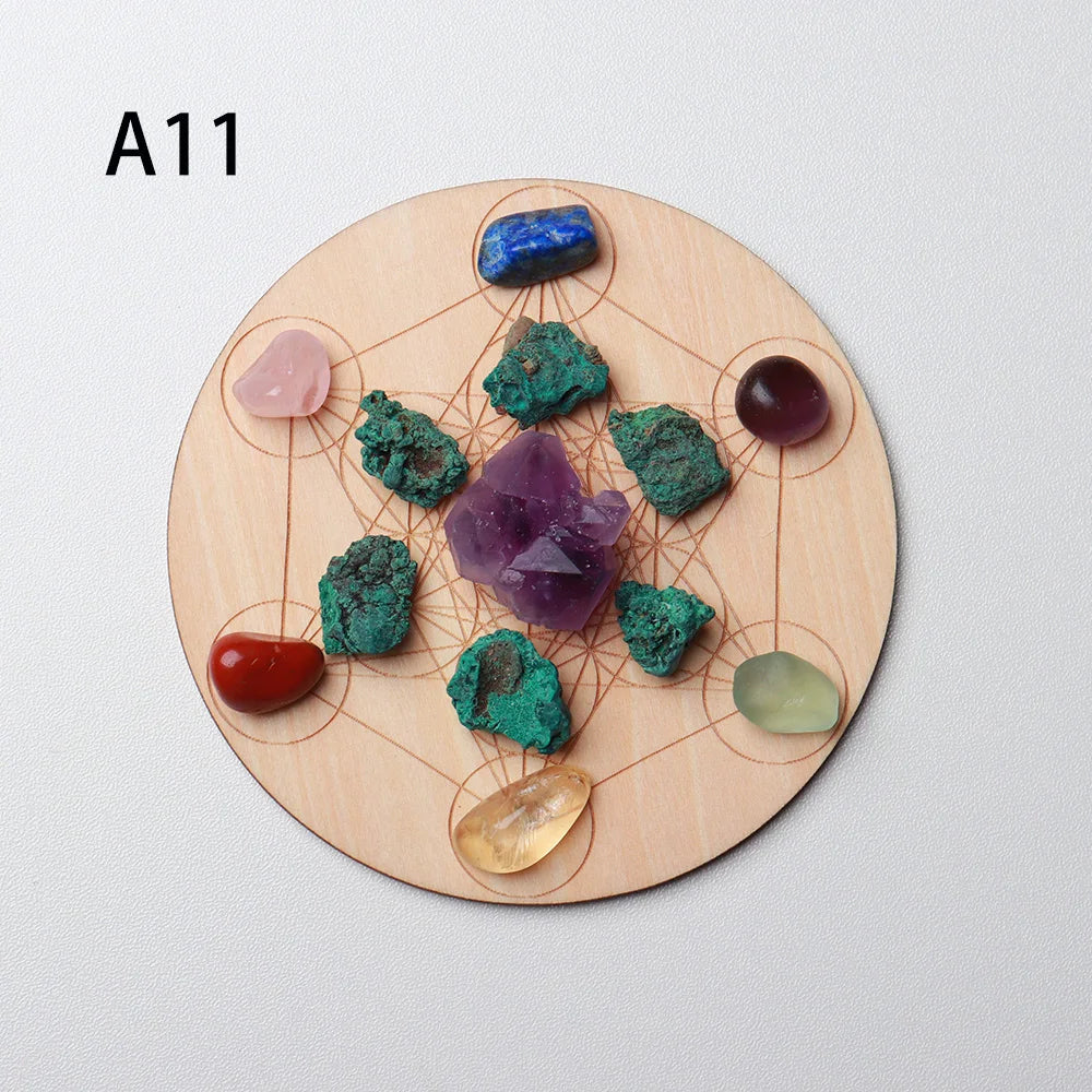 7pcs/set Natural Crystal Mixed  seven Chakra Healing Stone + Seven Star Array Wood Plate Gravel Chips Chakra Home decor Gift