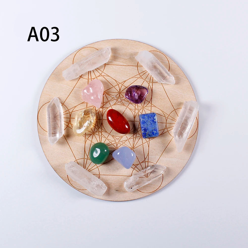 7pcs/set Natural Crystal Mixed  seven Chakra Healing Stone + Seven Star Array Wood Plate Gravel Chips Chakra Home decor Gift