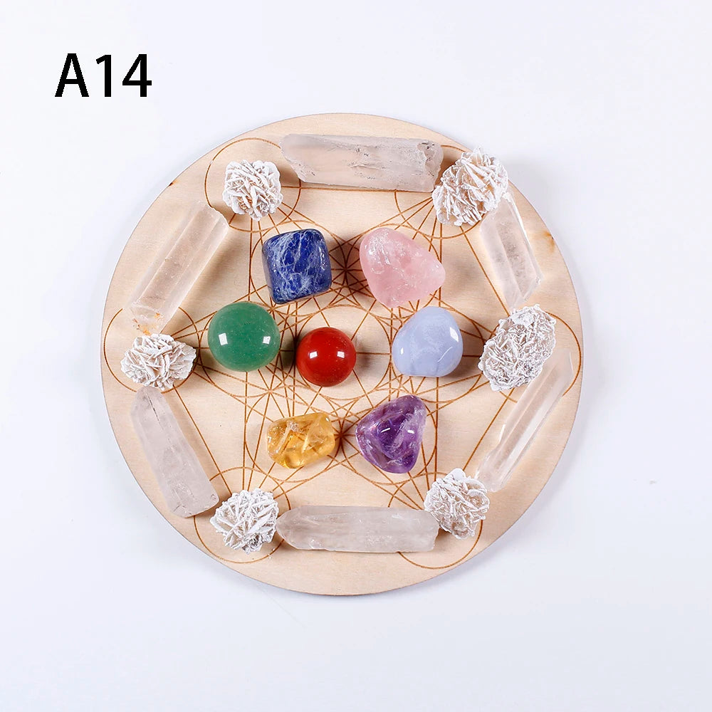 7pcs/set Natural Crystal Mixed  seven Chakra Healing Stone + Seven Star Array Wood Plate Gravel Chips Chakra Home decor Gift