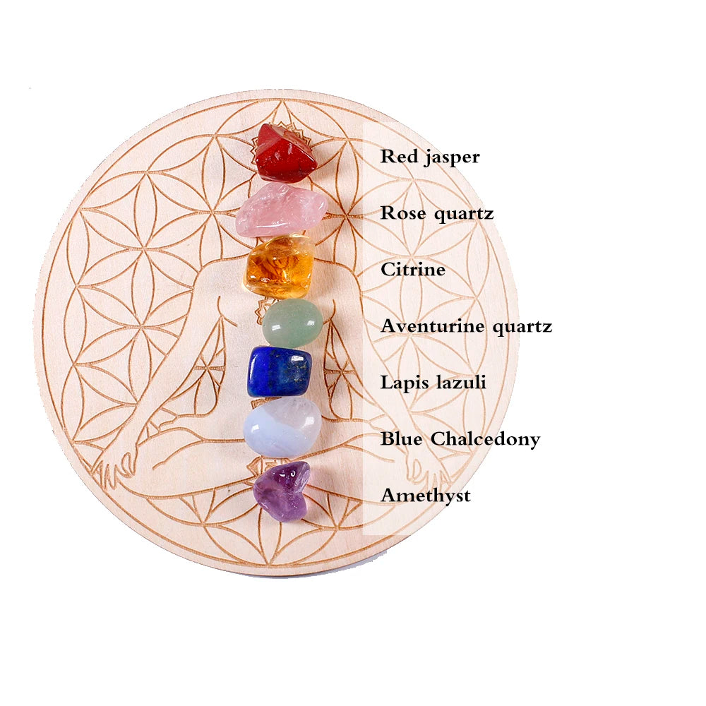 7pcs/set Natural Crystal Mixed  seven Chakra Healing Stone + Seven Star Array Wood Plate Gravel Chips Chakra Home decor Gift