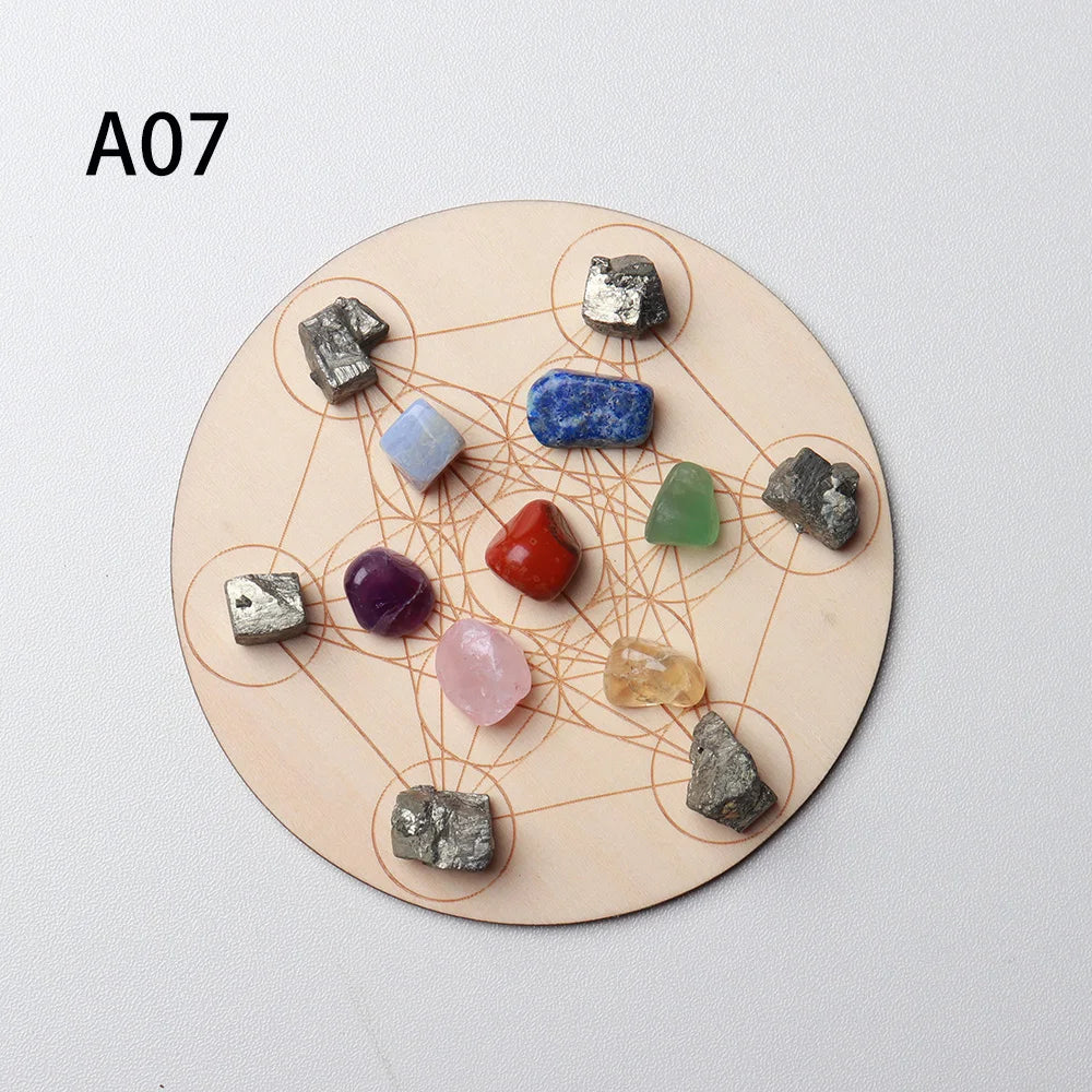 7pcs/set Natural Crystal Mixed  seven Chakra Healing Stone + Seven Star Array Wood Plate Gravel Chips Chakra Home decor Gift