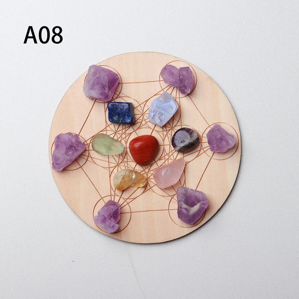 7pcs/set Natural Crystal Mixed  seven Chakra Healing Stone + Seven Star Array Wood Plate Gravel Chips Chakra Home decor Gift