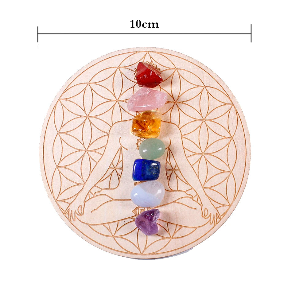 7pcs/set Natural Crystal Mixed  seven Chakra Healing Stone + Seven Star Array Wood Plate Gravel Chips Chakra Home decor Gift