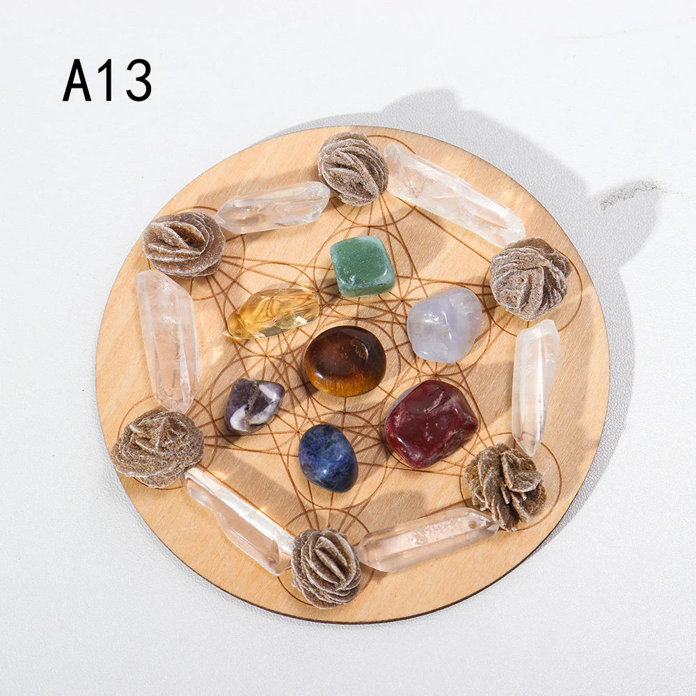 7pcs/set Natural Crystal Mixed  seven Chakra Healing Stone + Seven Star Array Wood Plate Gravel Chips Chakra Home decor Gift