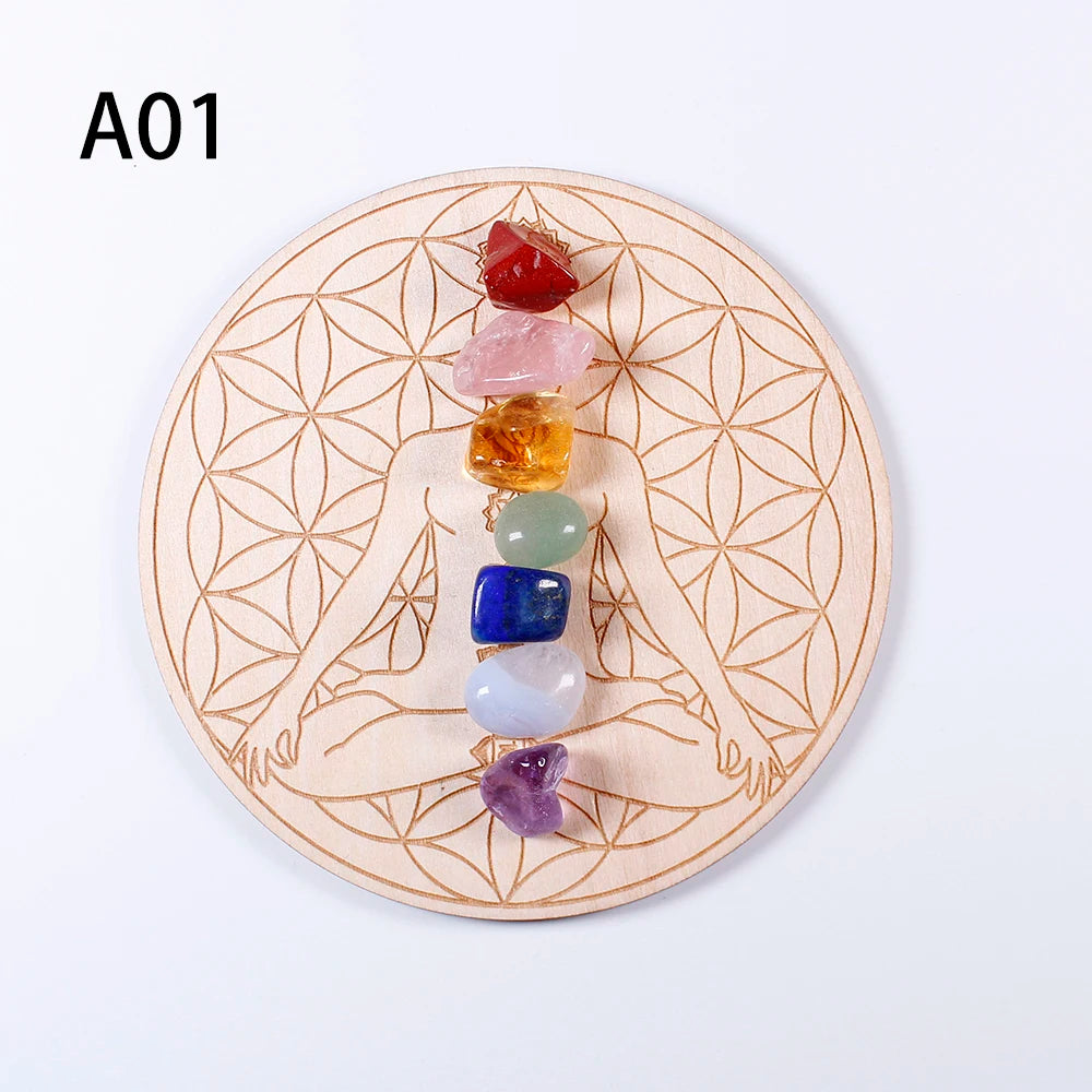 7pcs/set Natural Crystal Mixed  seven Chakra Healing Stone + Seven Star Array Wood Plate Gravel Chips Chakra Home decor Gift