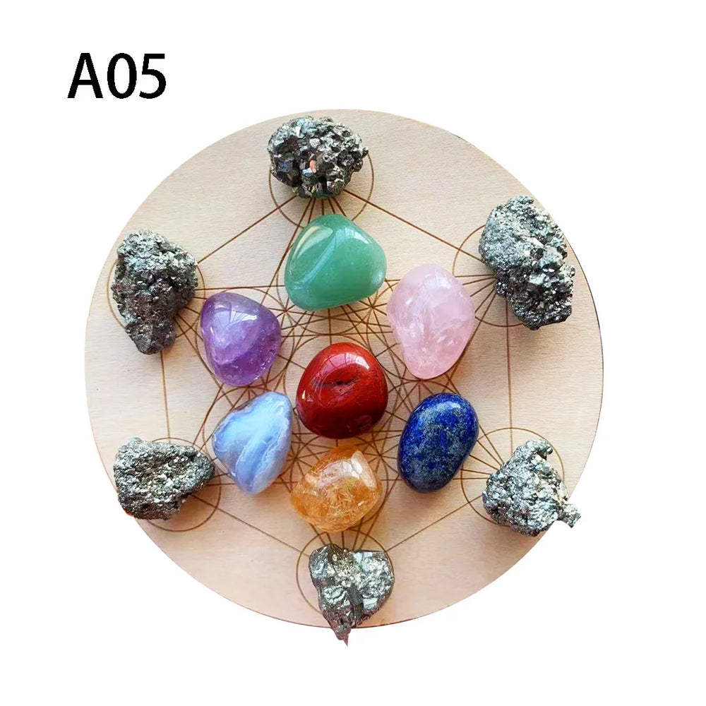 7pcs/set Natural Crystal Mixed  seven Chakra Healing Stone + Seven Star Array Wood Plate Gravel Chips Chakra Home decor Gift