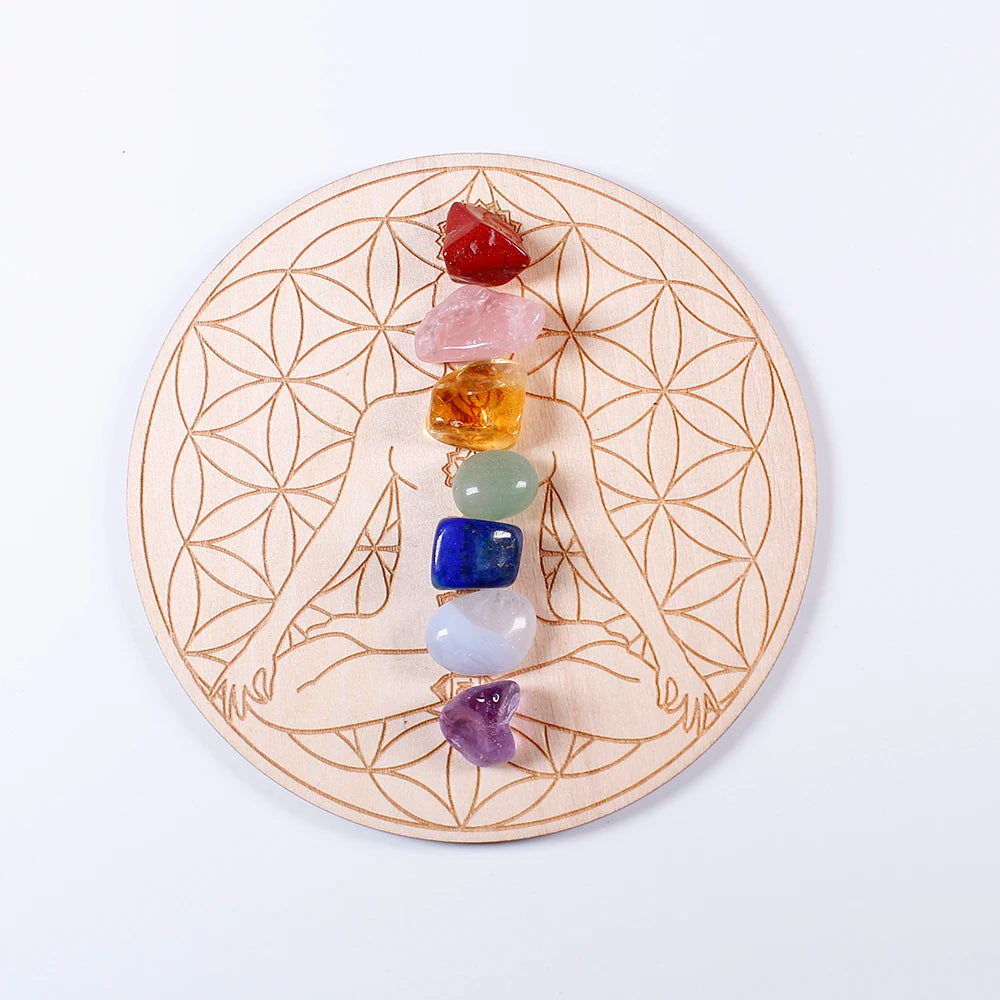 7pcs/set Natural Crystal Mixed  seven Chakra Healing Stone + Seven Star Array Wood Plate Gravel Chips Chakra Home decor Gift