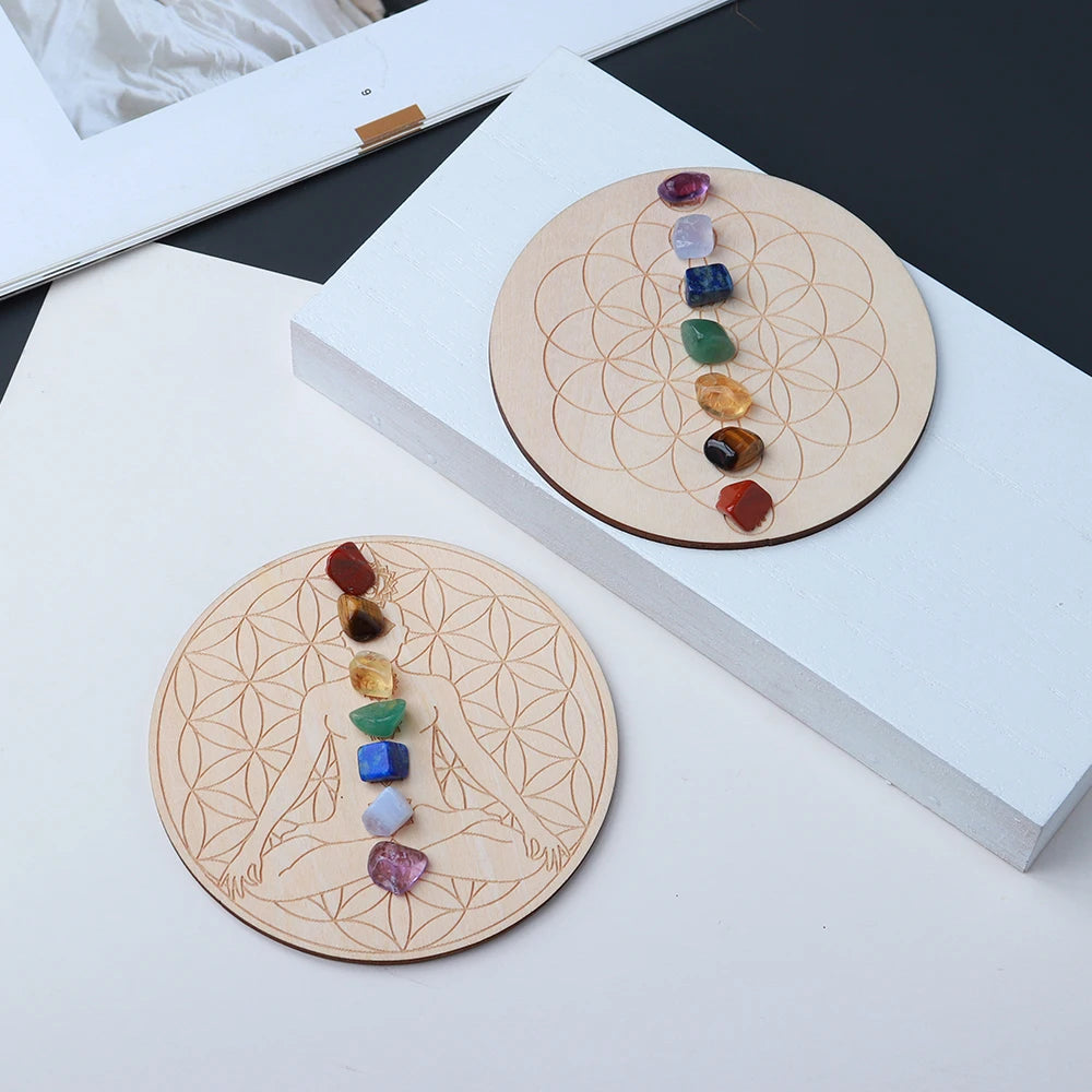 7pcs/set Natural Crystal seven Chakra Healing Stone with Wooden base Wood Plate crystal Gravel Chips Chakra Diy Custom made