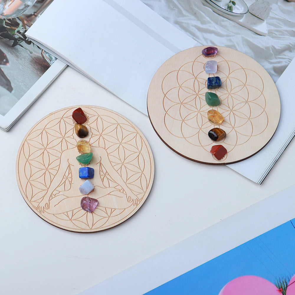 7pcs/set Natural Crystal seven Chakra Healing Stone with Wooden base Wood Plate crystal Gravel Chips Chakra Diy Custom made