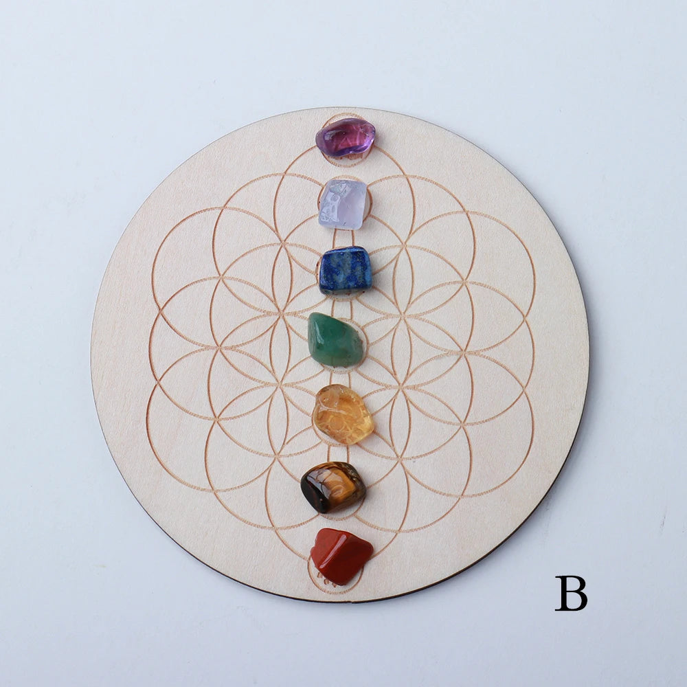 7pcs/set Natural Crystal seven Chakra Healing Stone with Wooden base Wood Plate crystal Gravel Chips Chakra Diy Custom made