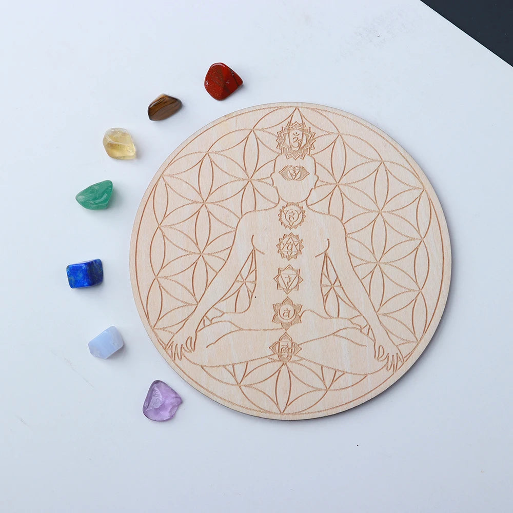 7pcs/set Natural Crystal seven Chakra Healing Stone with Wooden base Wood Plate crystal Gravel Chips Chakra Diy Custom made