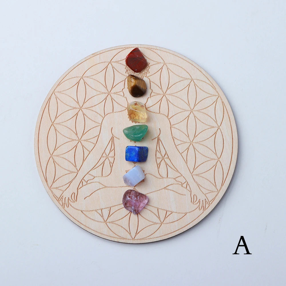 7pcs/set Natural Crystal seven Chakra Healing Stone with Wooden base Wood Plate crystal Gravel Chips Chakra Diy Custom made