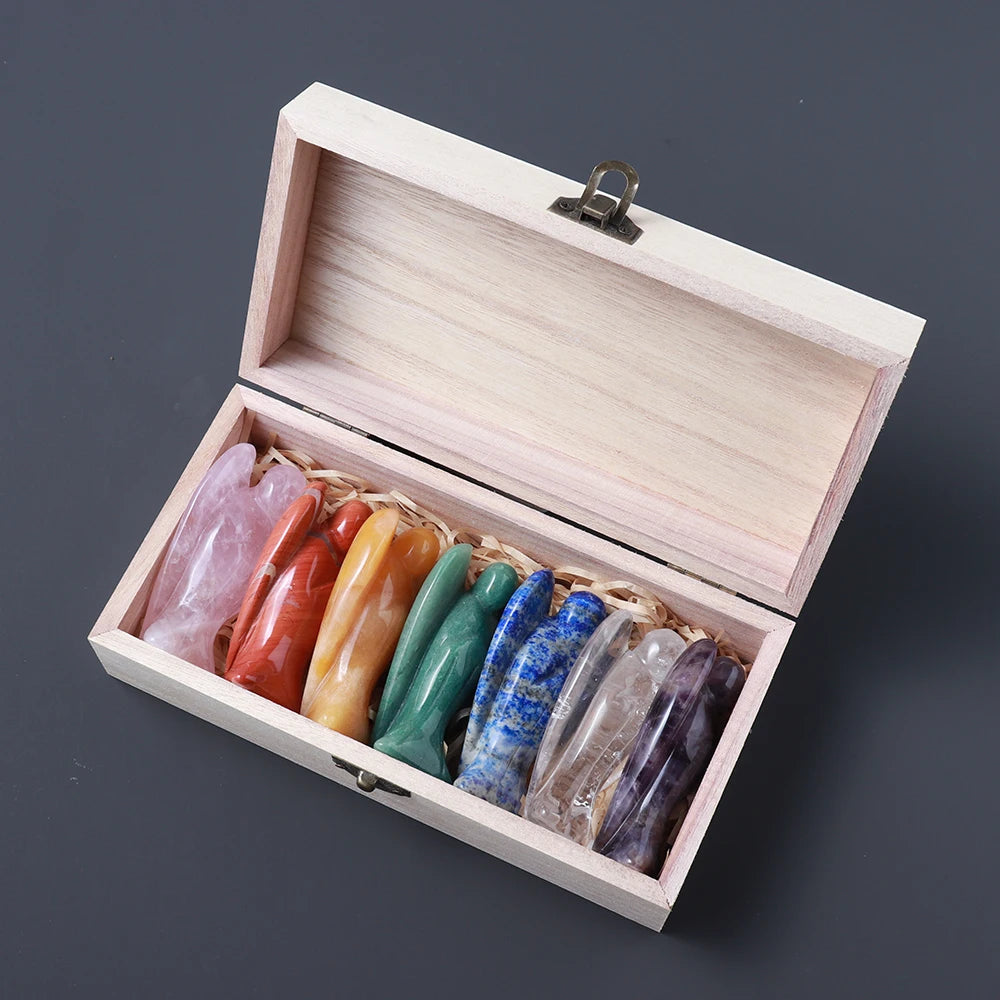 7pcs/set  Natural crystal angel Hand carved craftsPatron Saint Cure Gemstone Home Decoration wood Gift DIY