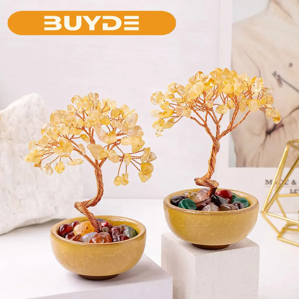 1PC Natural Crystal Tree Energy Stone Citrine Money Tree Copper Wire Wrapped Colorful Teabowl Yoga Feng Shui Trees