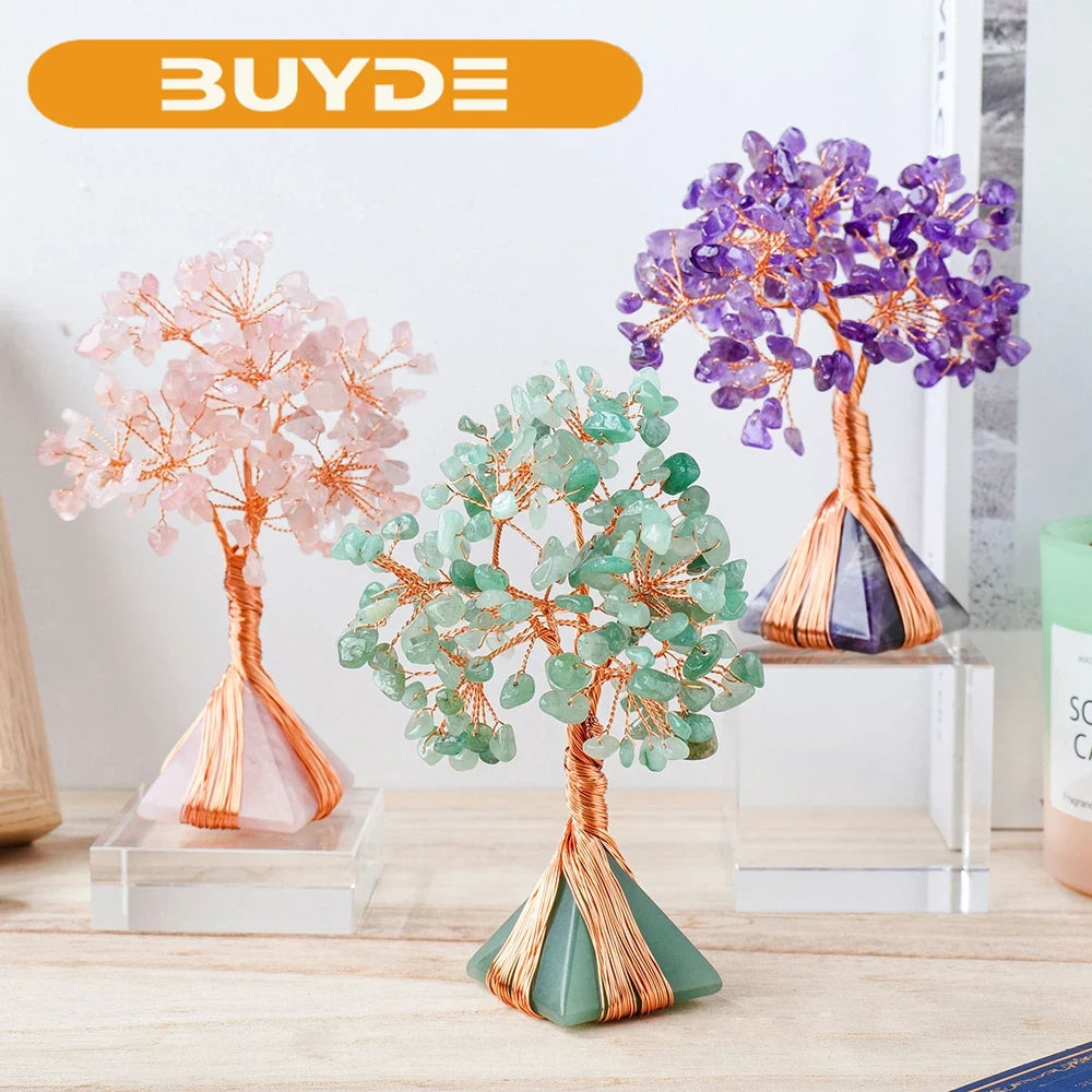 Natural Rose Quartz Money Tree Seven Chakra Gemstone Pyramid Crystal Base Sculpture Figurine Home Goods Decoration