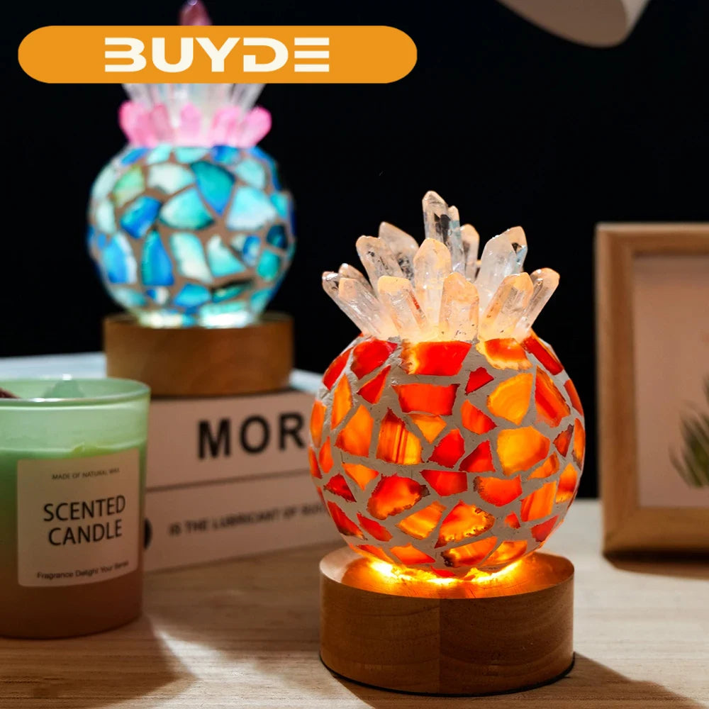 USB Natural Clear Quartz Pineapple shape Agate slice Crystal lamp Rock Table Lamp for Gifts LED Bulb and Real Rubber Wood Base