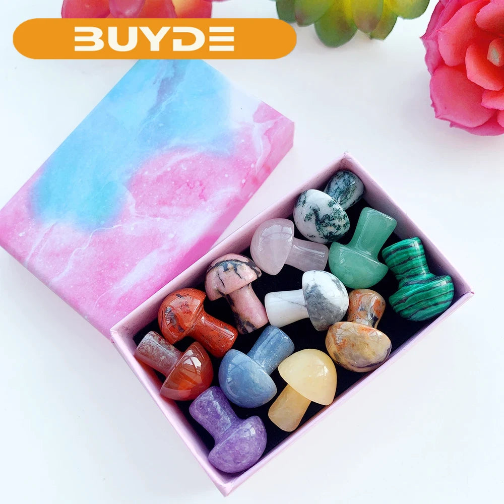 12PC Natural Crystal Mini Mushroom Gift Box Energy Quartz Gem Decorative Mineral Collection Gift