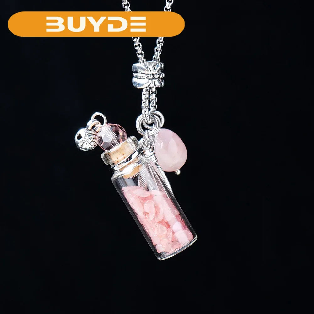 Natural Rose Quartz Amethyst Fragrance Essential Oil Bottle Crystal Pendant Gravel Gemstone Wishing Bottle Sweater Chain