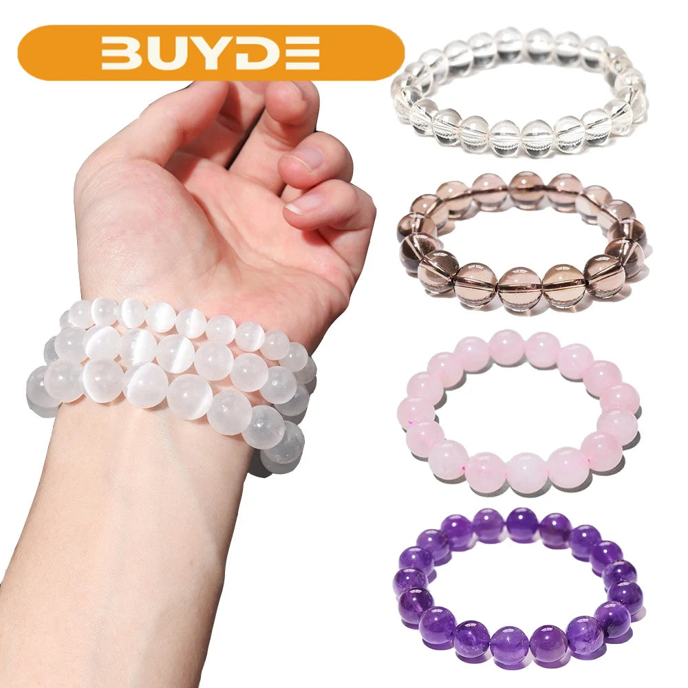 1pc Natural Crystal Bracelet Energy Amethyst Round Bead Bracelet Health Rose Quartz Jewelry Gem Gift Decoration