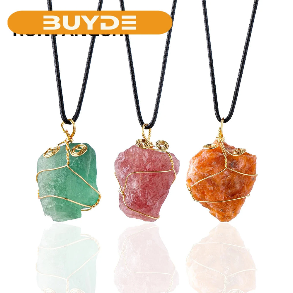 1PC Natural Stone Raw Ore Green Fluorite Rose Quartz Gemstone Pendant Rough Necklace Jewelry Accessories