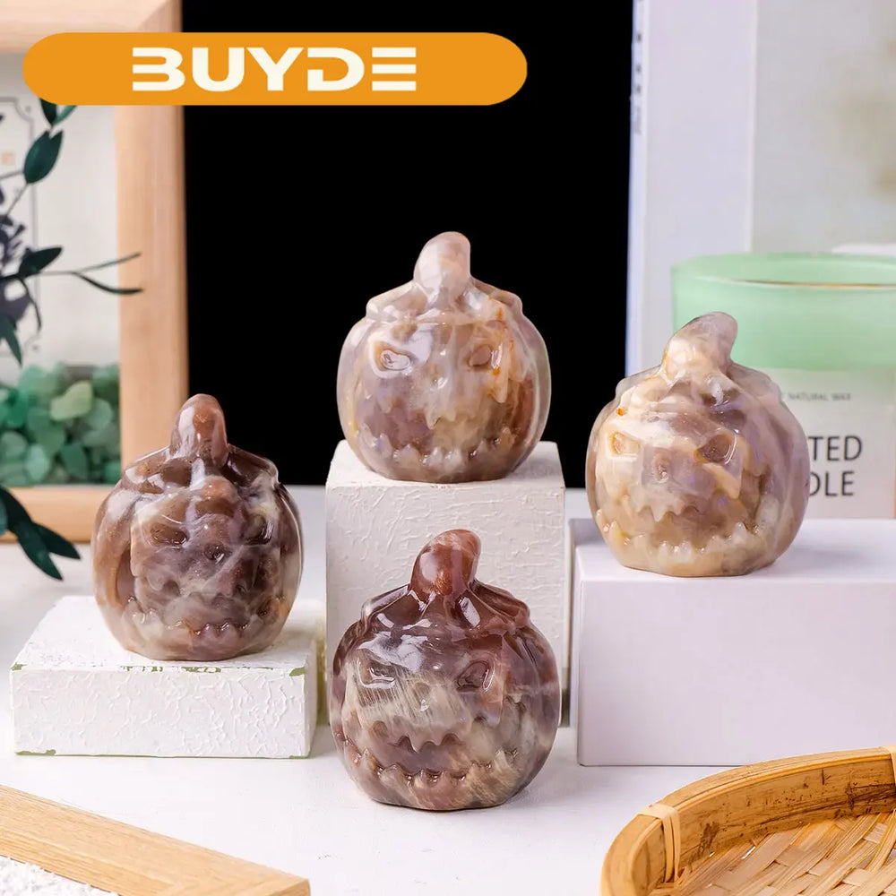 1PC Creative Natural Moonstone Crystal Pumpkin Skull Carving Healing Gem Halloween Home Decoration Ornaments