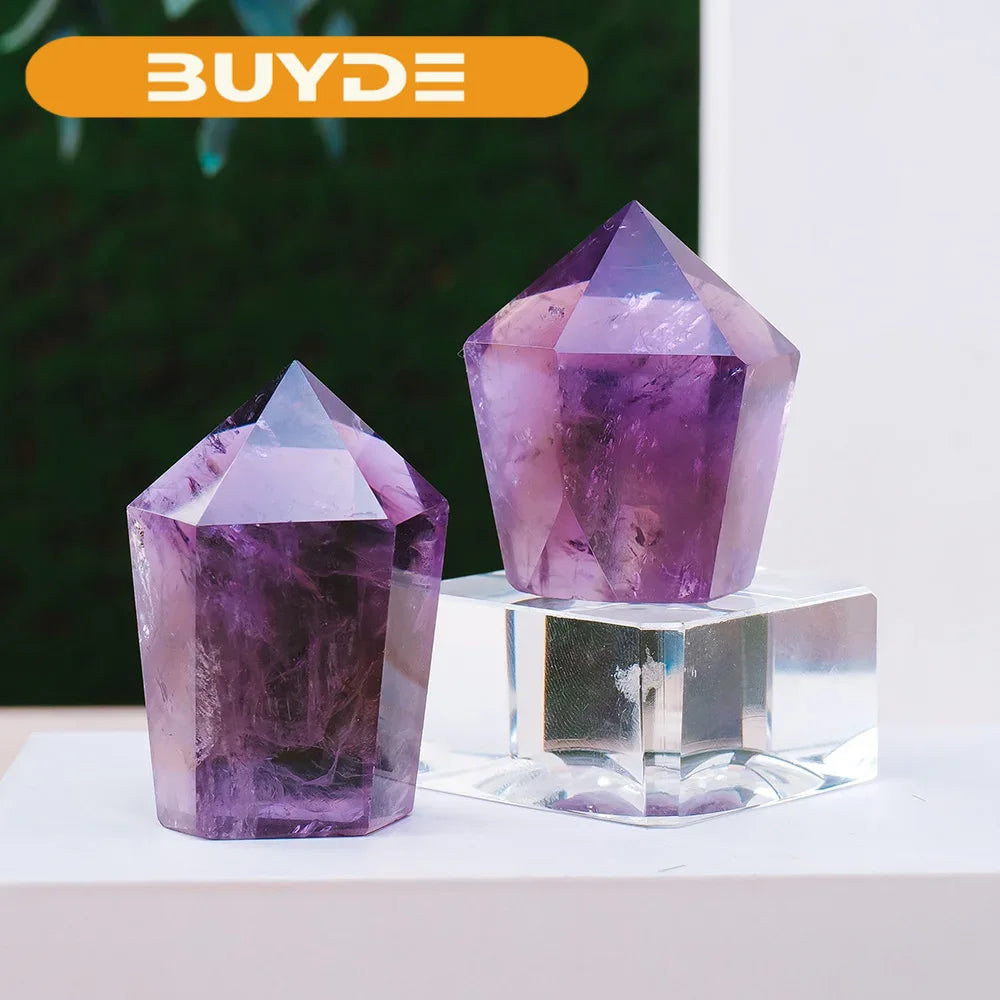 1PC Natural Crystal Stone Purple Quartz Brazil Amethyst Crystal Tower Pyramid Decorations Reiki Healing Meditation Balancing